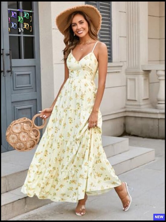 Floral Maxi Sundress Boho V Neck Spaghetti Strap Backless Bow Tie Beach Dress - Picture 2 of 7